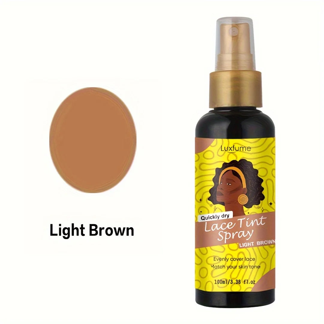 A bottle of Luxtune Light Brown Lace Tint Spray with a gold pump dispenser.