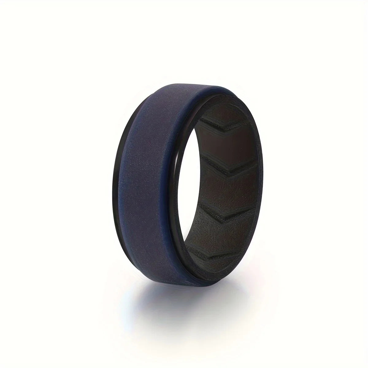 A dark blue silicone wedding band is shown on a white background.