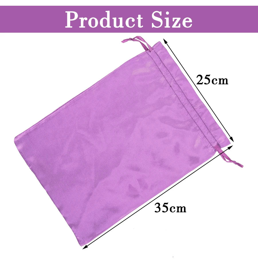 A purple satin storage bag with a drawstring, showing its dimensions of 25cm by 35cm.