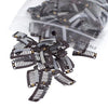 A pile of black and gray hair extension snap clips for wigs in a clear plastic bag.