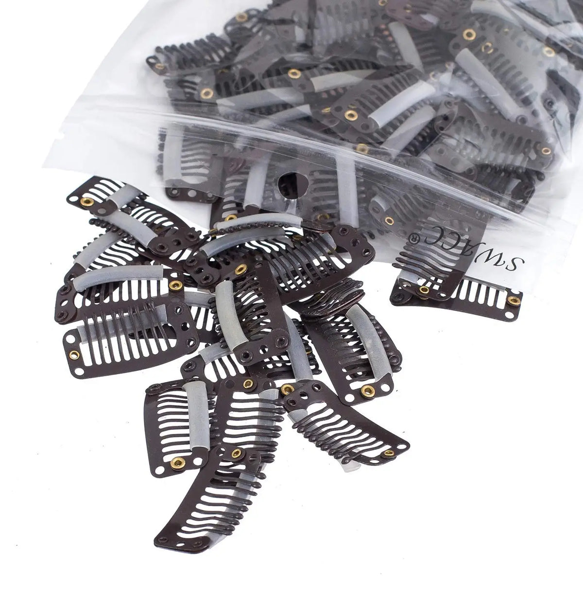A pile of black and gray hair extension snap clips for wigs in a clear plastic bag.