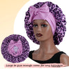 A model wears a pink leopard print satin sleep bonnet with a matching hat.