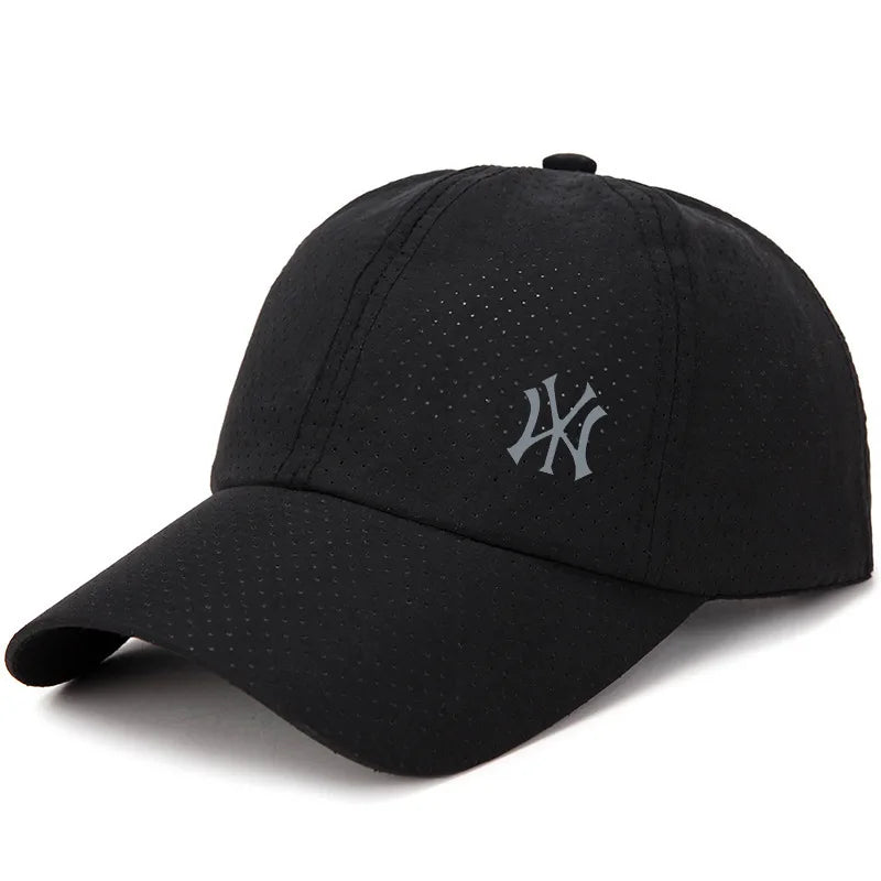 Black New York Yankees baseball cap shown from above with a mesh back