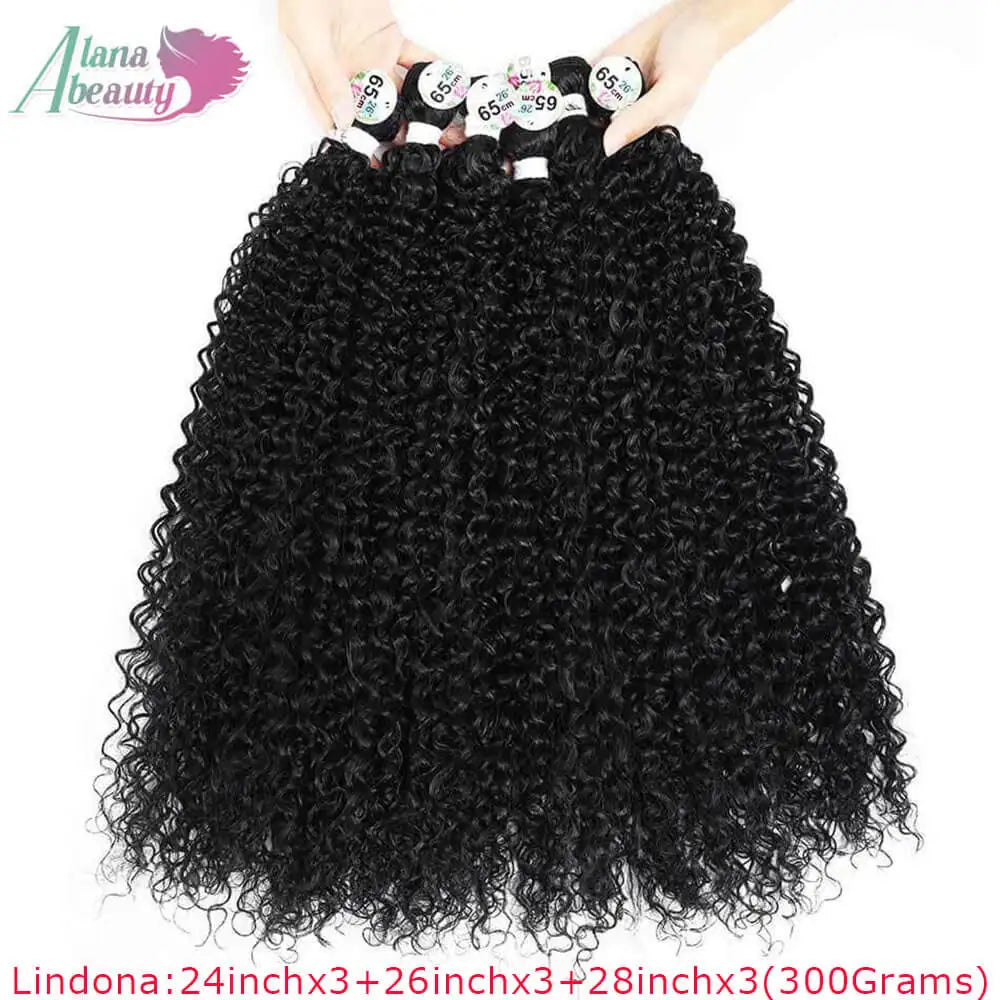 A bundle of long black curly hair extensions being held by a person.