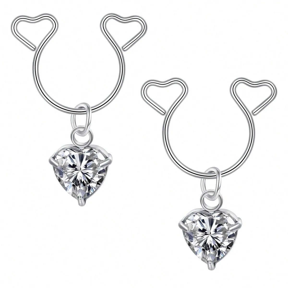 Silver heart dangle earrings with cubic zirconia stones and curved hoops