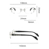 A pair of black retro full-frame anti-blue light eyewear shown with various measurements.