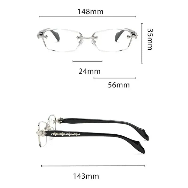 A pair of black retro full-frame anti-blue light eyewear shown with various measurements.