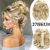 A woman shows off a voluminous curly messy bun hairstyle with a blonde hair accessory and a separate image of the hair clip.