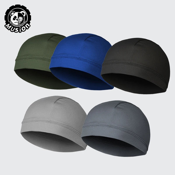 A collection of four moisture-wicking cycling beanie caps in olive green, royal blue, black, and gray.