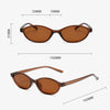 Brown retro oval frame sunglasses shown with dimensions and a view of the product.