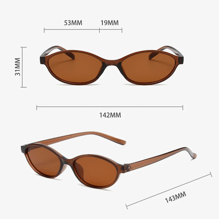 Brown retro oval frame sunglasses shown with dimensions and a view of the product.