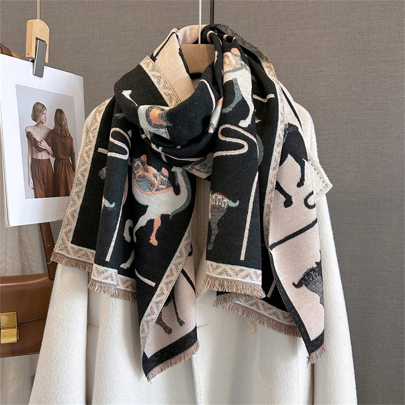 A black and beige plaid cashmere feel scarf draped around a white coat.