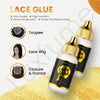Eine Flasche Lace Glue für Perücken neben Beispielen für Toupées, Lace-Perücken und Abschluss und Frontal.