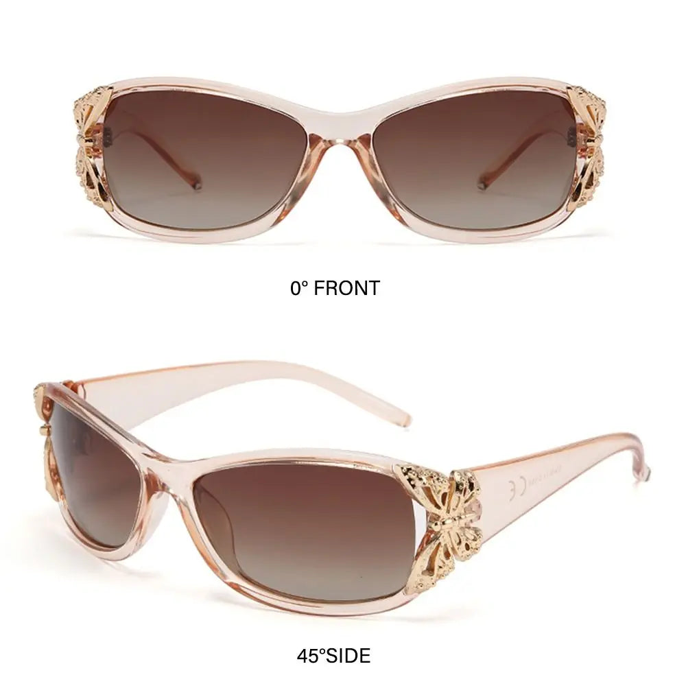 Vintage butterfly wrap sunglasses in rose gold frame with brown lenses shown from the front and side angles