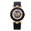 A black and gold women's quartz wristwatch with a glitter dial and leather strap.