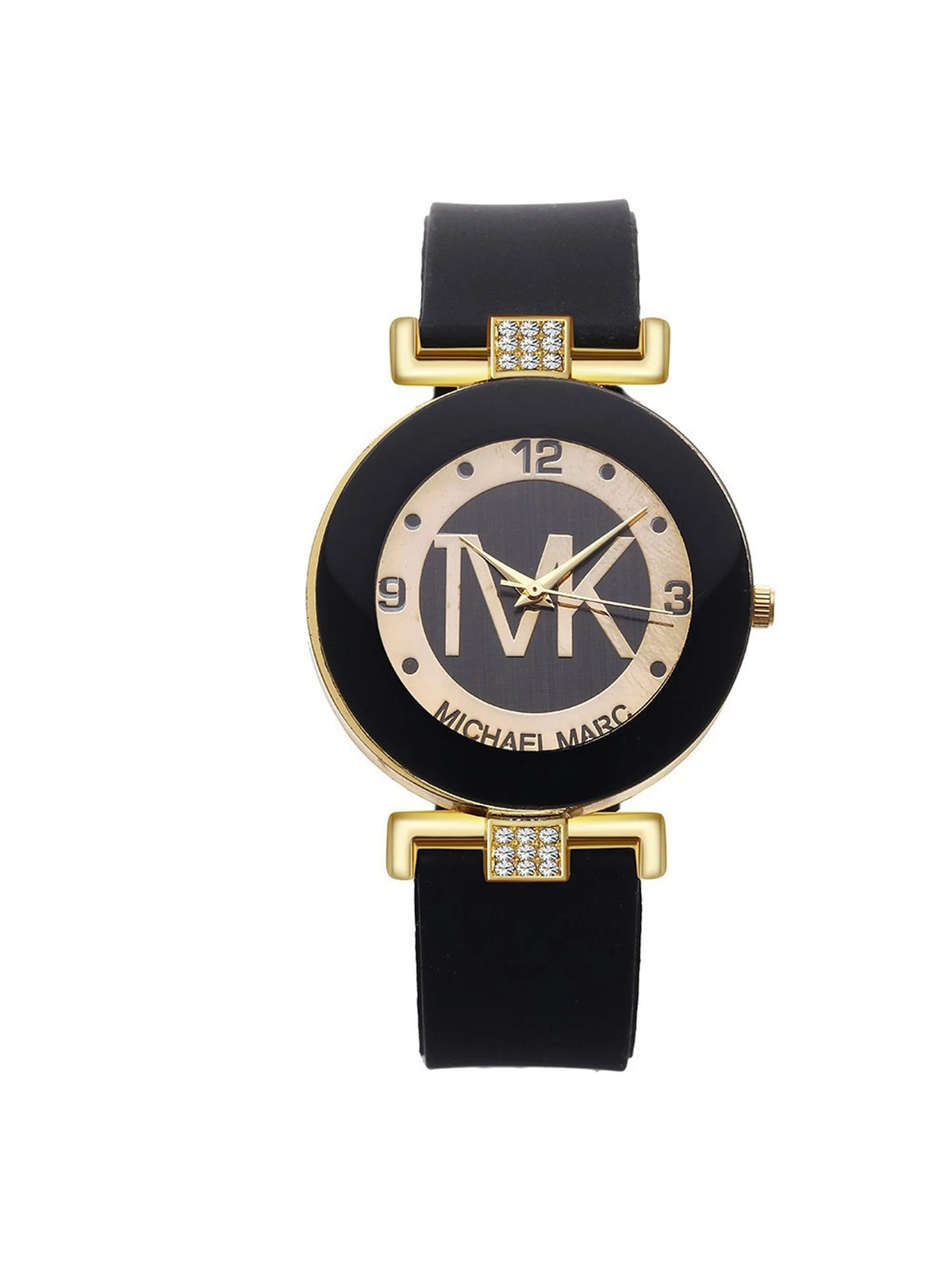 A black and gold women's quartz wristwatch with a glitter dial and black leather strap.