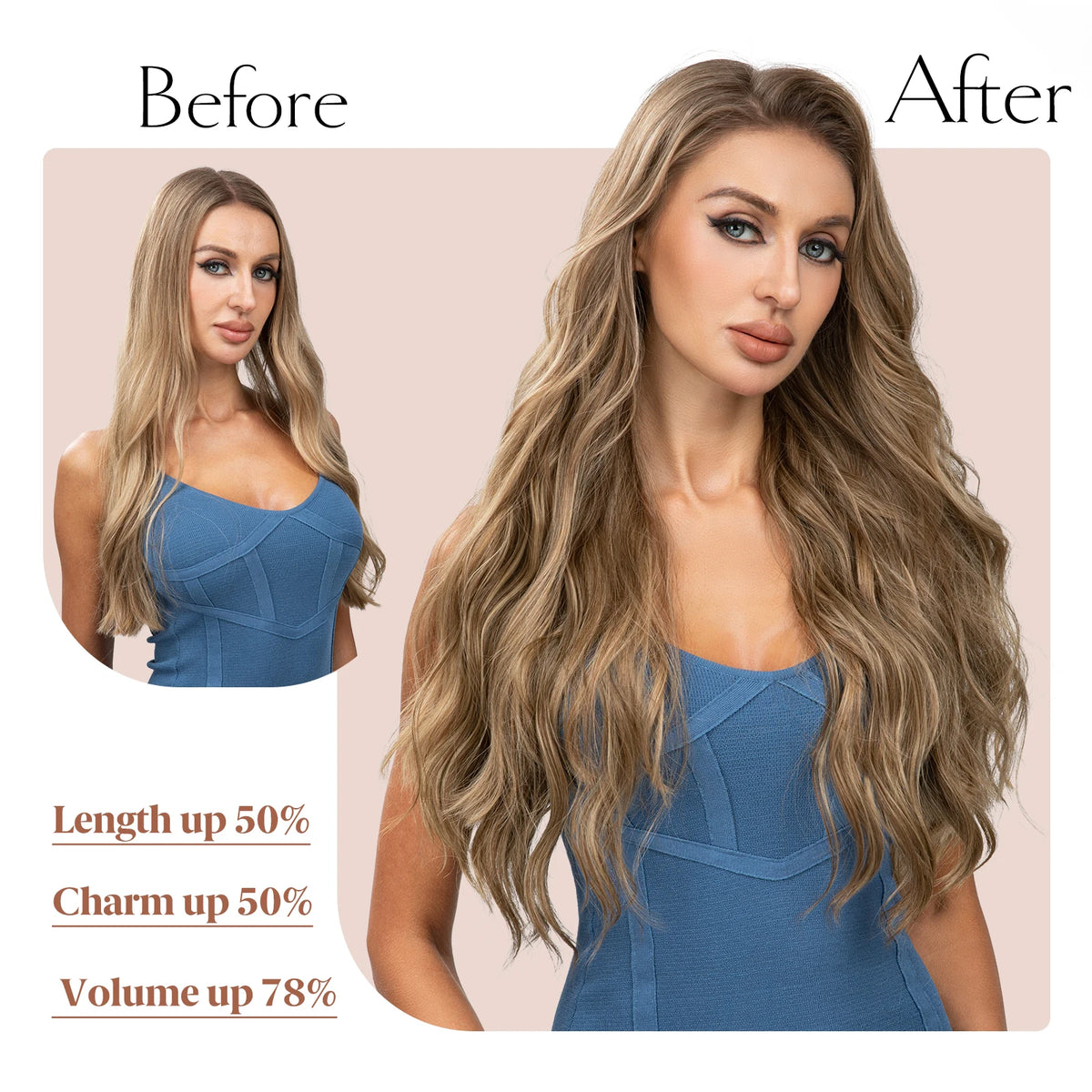 Comparación antes y después de extensiones de cabello ondulado de 22 pulgadas, mostrando mayor longitud, encanto y volumen
