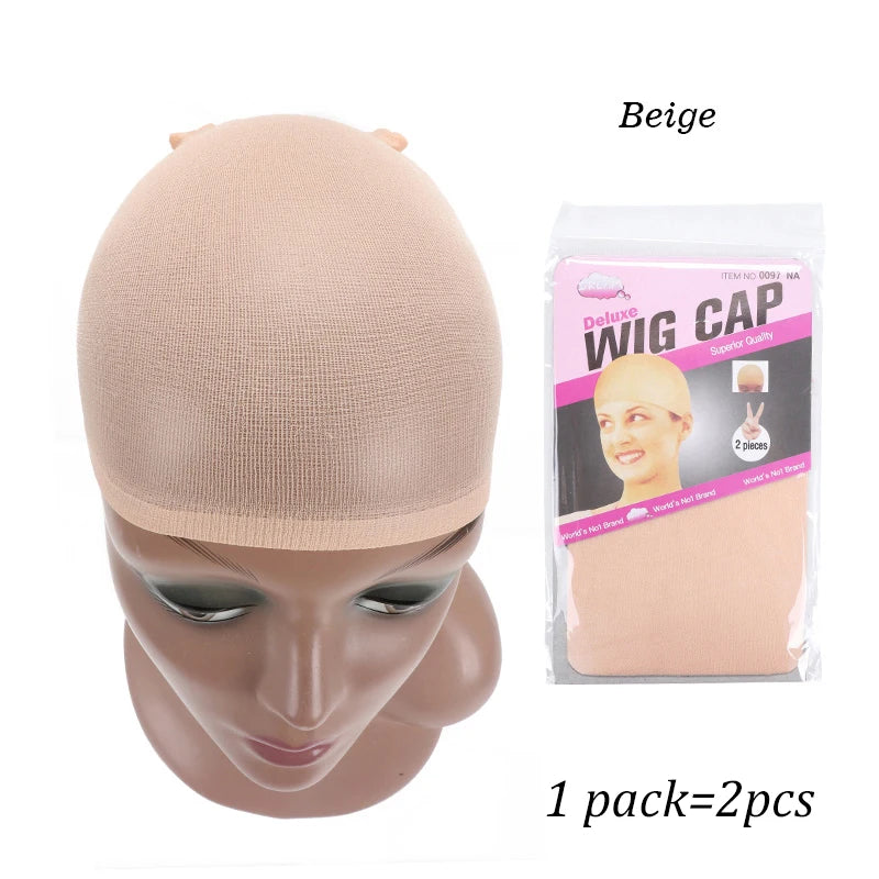 Beige wig cap shown on a mannequin head, packaged for two pieces.
