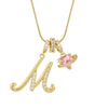 Gold letter M pendant necklace with pink gemstone charm