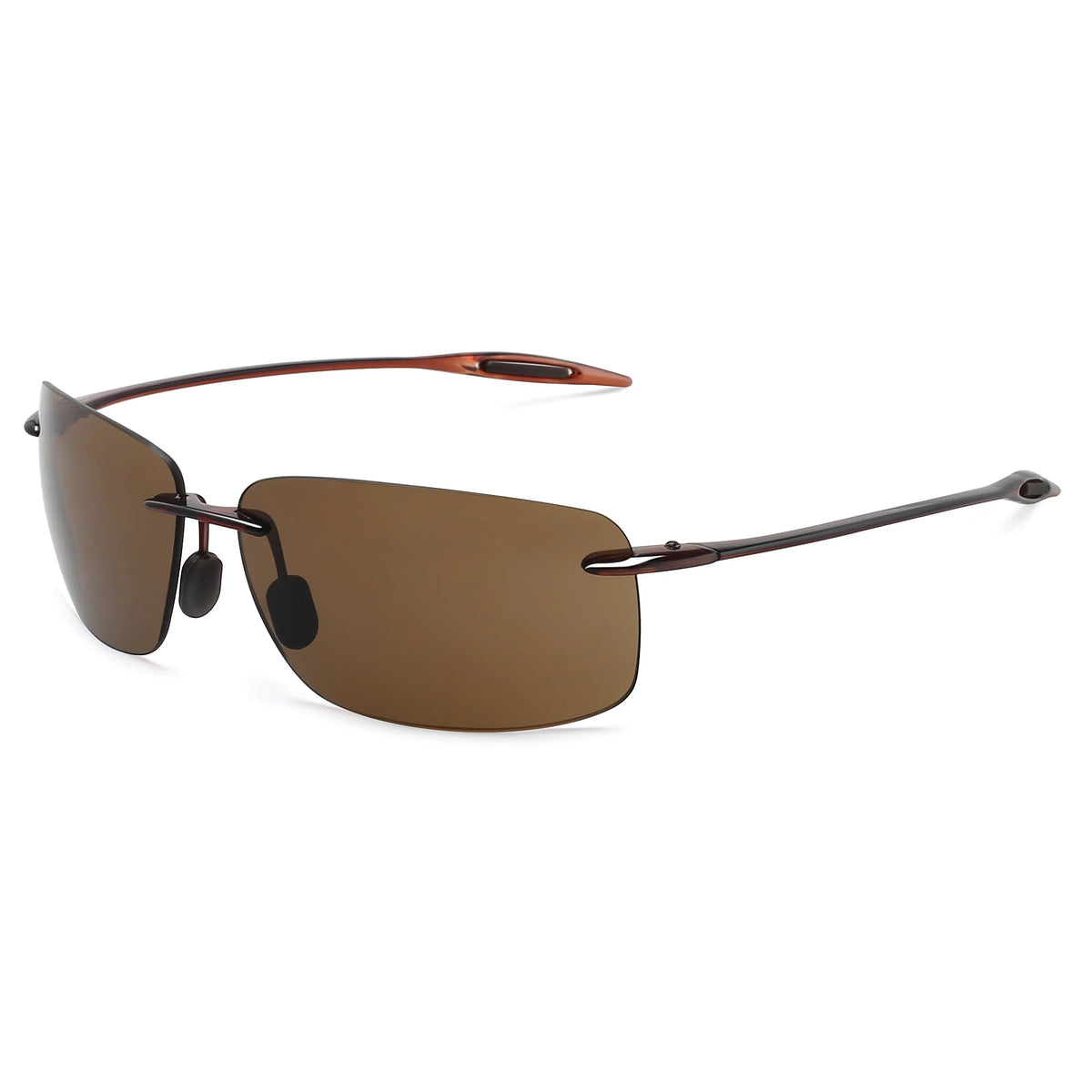 Braune, randlose Sportbrille mit dunkelbraunen Linsen und dünnem Metallrahmen