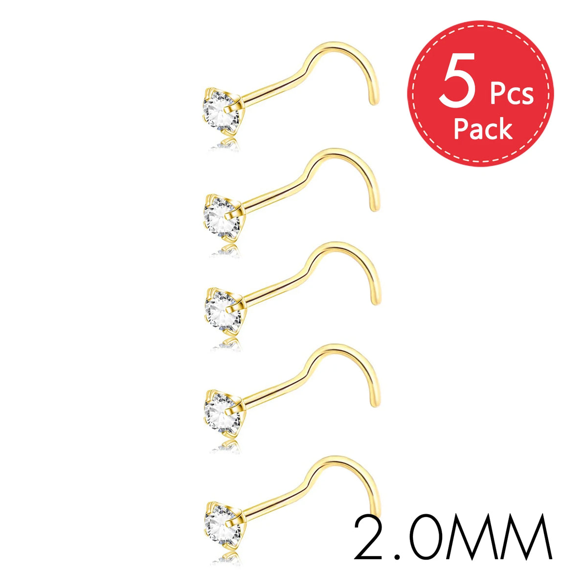 Five pairs of gold-finish crystal and diamond stud nostril earrings in a 2.0mm size.
