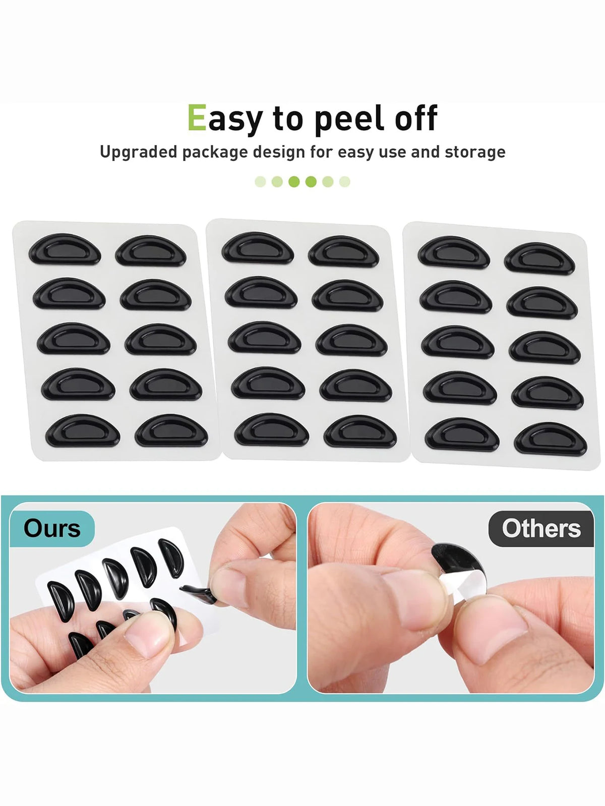 Un juego de almohadillas nasales de silicona anti-resbalado para gafas, mostrados en varios contextos de empaque y uso.