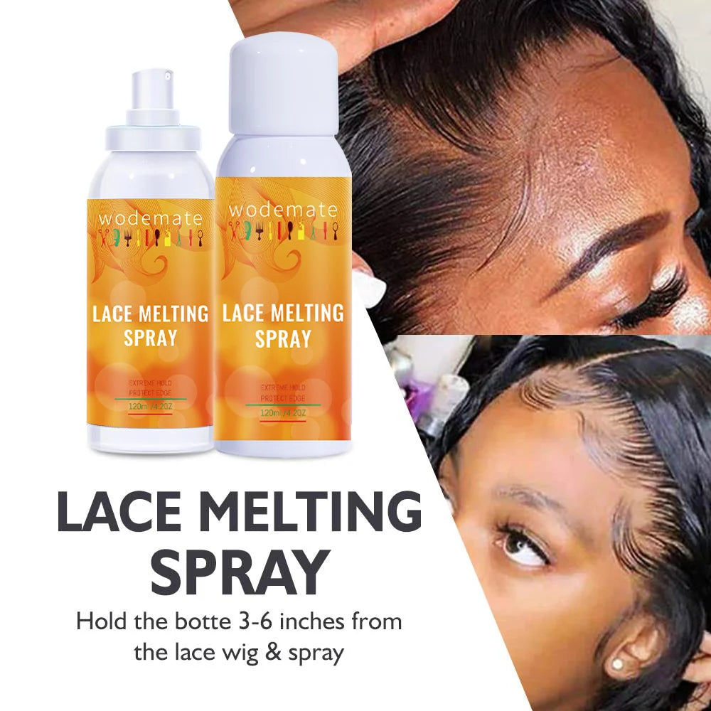 Two bottles of lace melting spray next to a close-up of hair and skin showing the product's use on a wig.