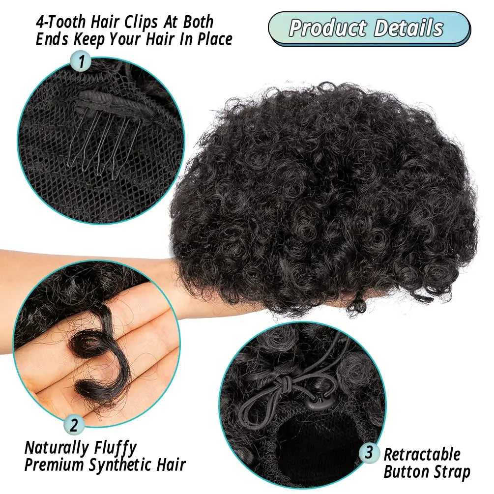 Black fluffy synthetic hair clips and a retractable button strap for hair styling