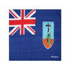Dunkelblaue Bandana mit Union Jack-Flagge und einem Schildemblem mit einer Figur.