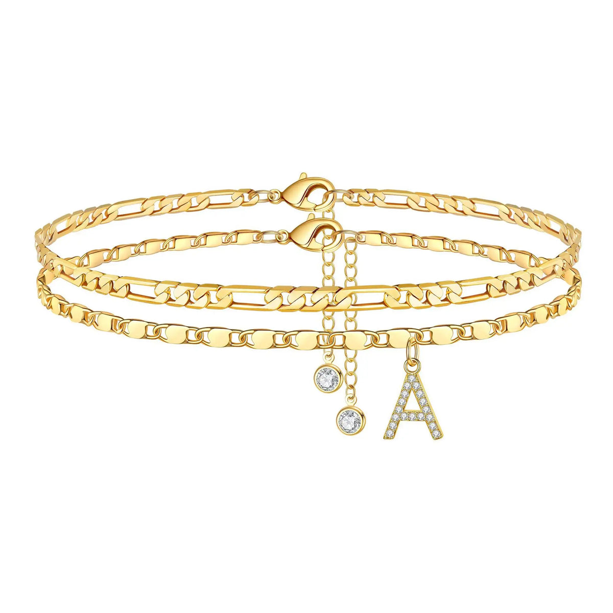 Gold plated initial letter anklet featuring a chain and a letter pendant