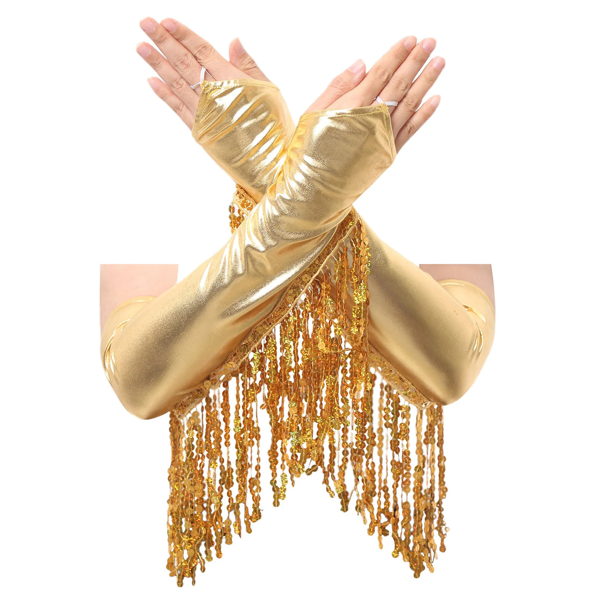 Paar lange goldene Pailletten-Metall-Faszienhandschuhe in X-Form kreuzend