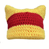 Crocheted cat ears beanie hat in yellow and red stripes