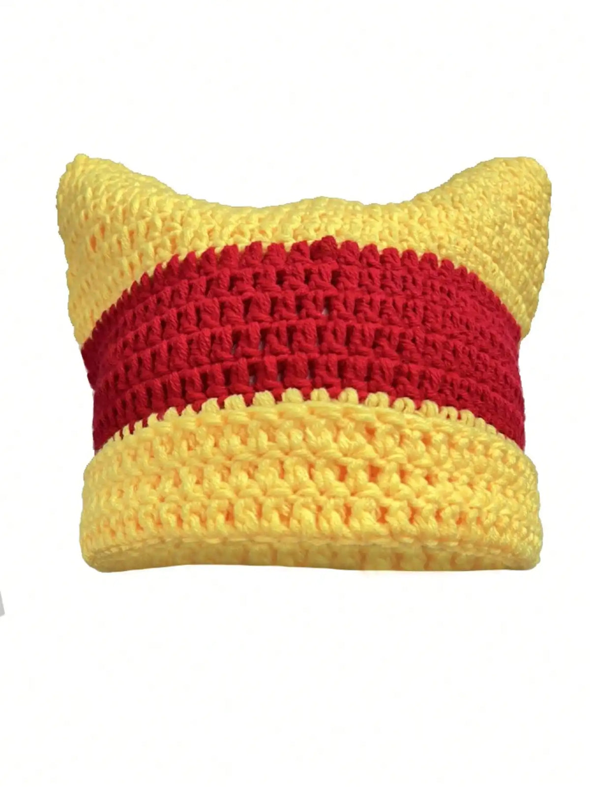 Crocheted cat ears beanie hat in yellow and red stripes