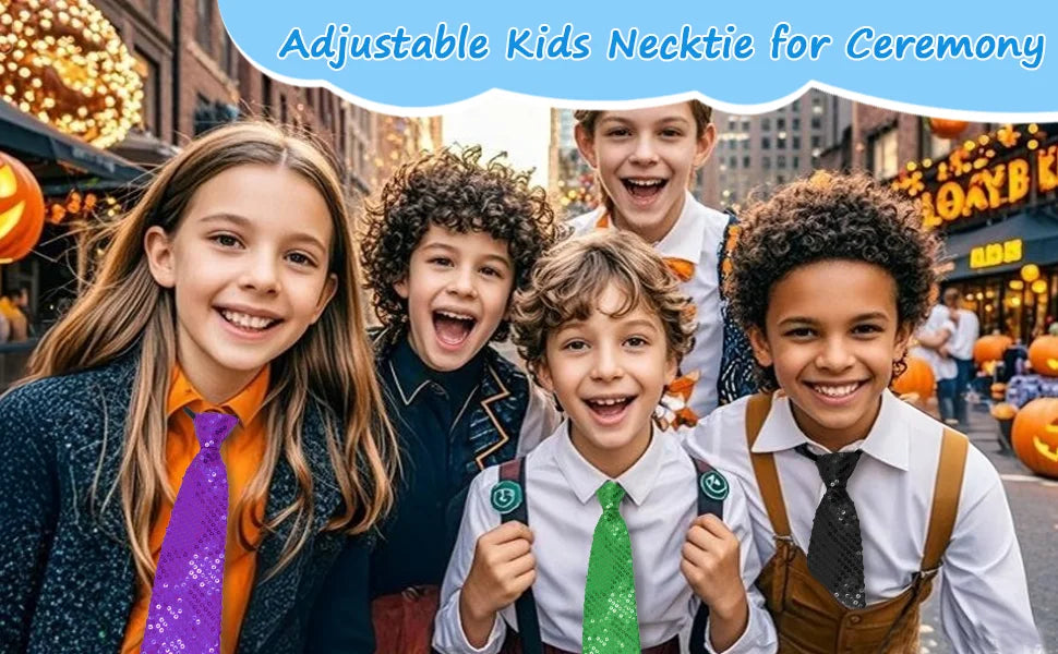 Adjustable kids necktie for ceremony featuring a sequin tie worn by children outdoors