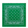 A green fabric with white paisley and geometric patterns, suitable for an oversized cotton bandana scarf.