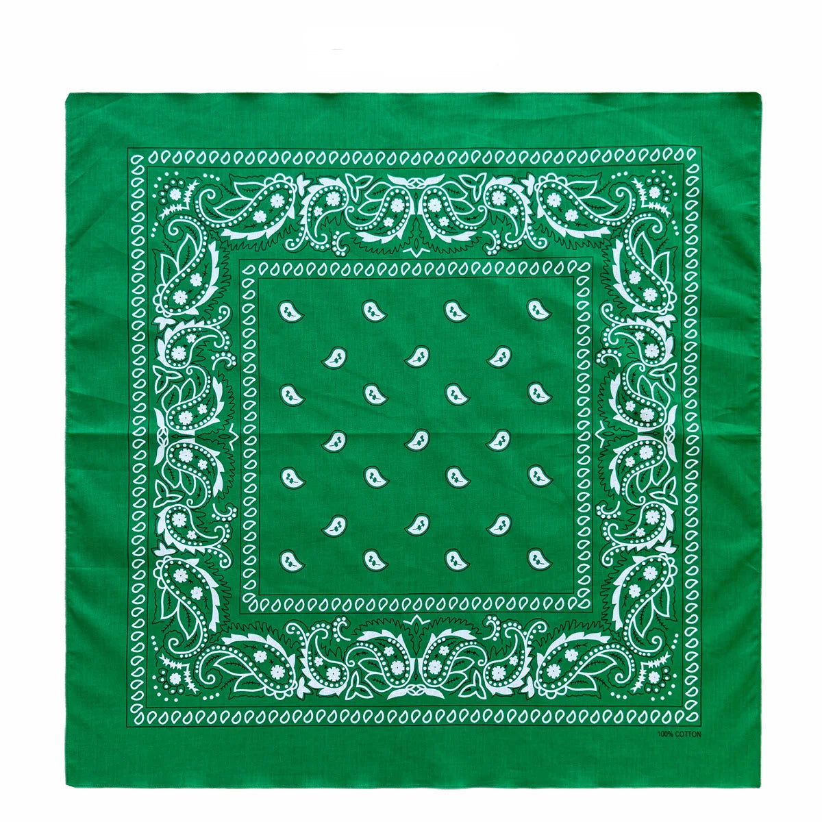 A green fabric with white paisley and geometric patterns, suitable for an oversized cotton bandana scarf.
