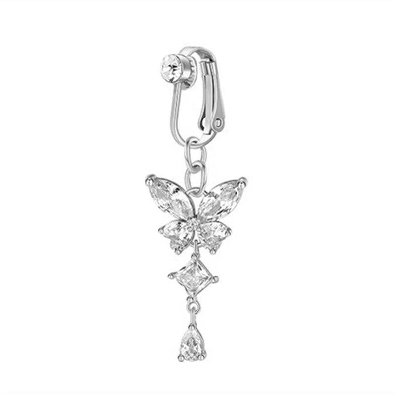 Silver fashion belly button rings featuring a floral charm and a dangling diamond pendant