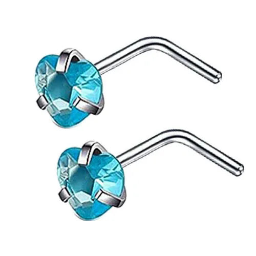 Aretes tipo nariz en forma de L de acero inoxidable con piedras de circonita azul cúbica