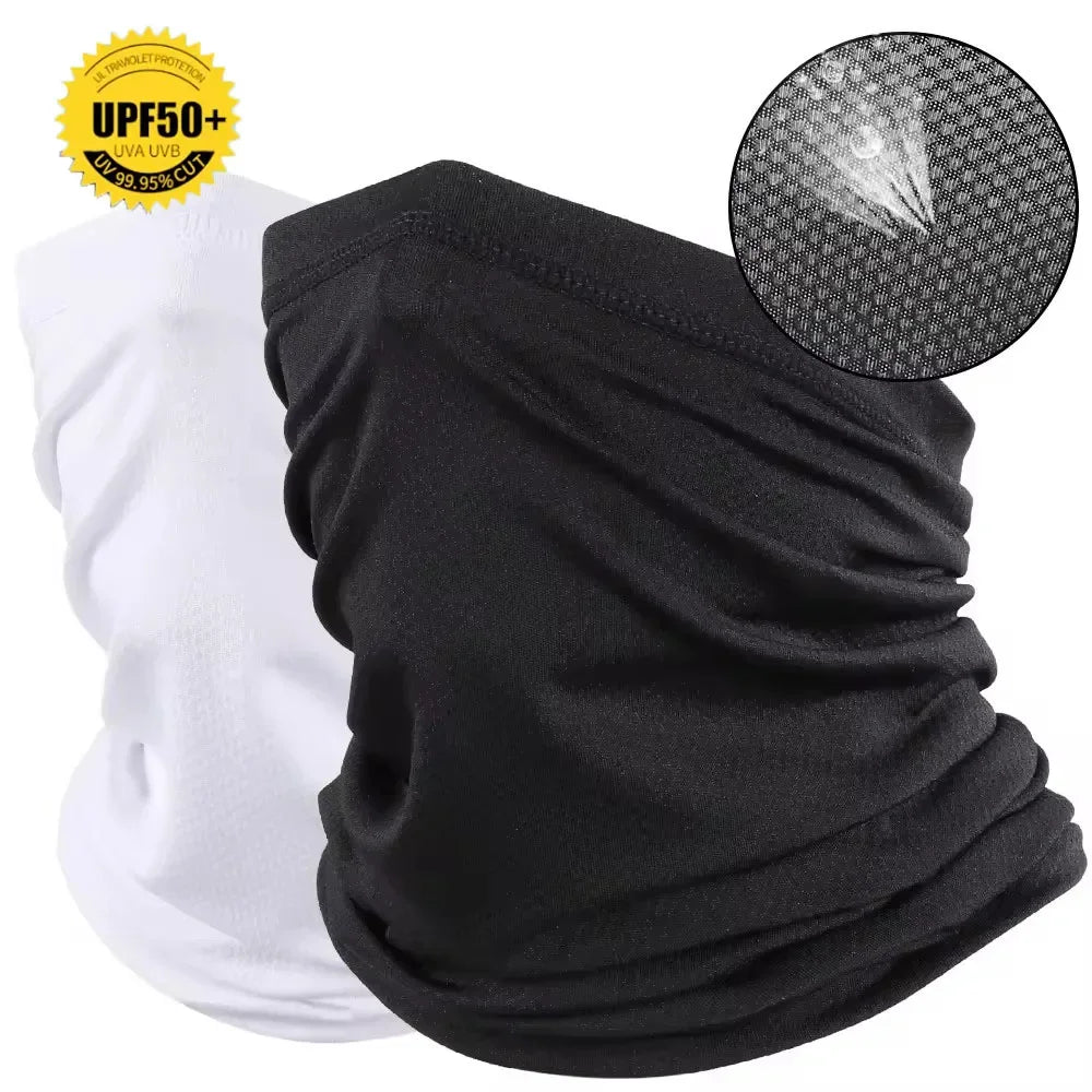 Black breathable mesh scarf shown next to a white version, indicating UPF50+ protection.