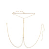 A delicate gold wheat body chain necklace displayed against a white background.