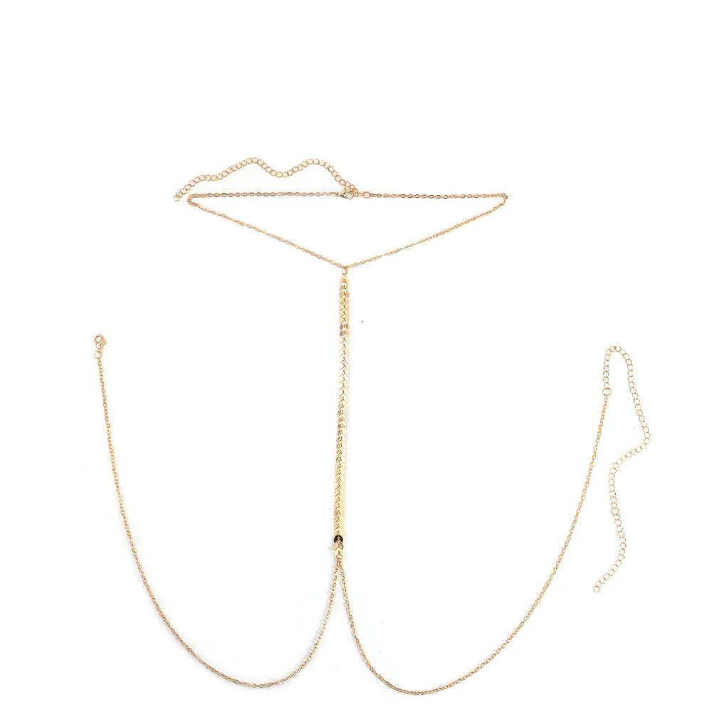 A delicate gold wheat body chain necklace displayed against a white background.