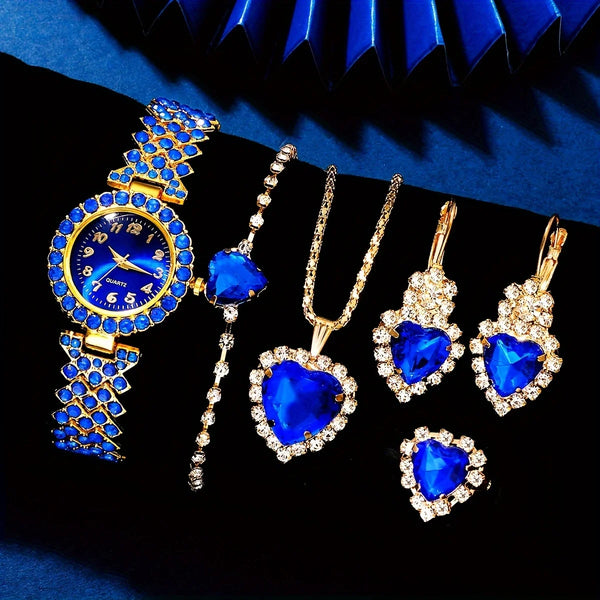 A set of elegant ladies quartz wristwatches featuring blue stones and gold accents displayed on a dark background.