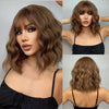 A woman models a short wavy bob wig in light brown hair, shown from the front and back views.