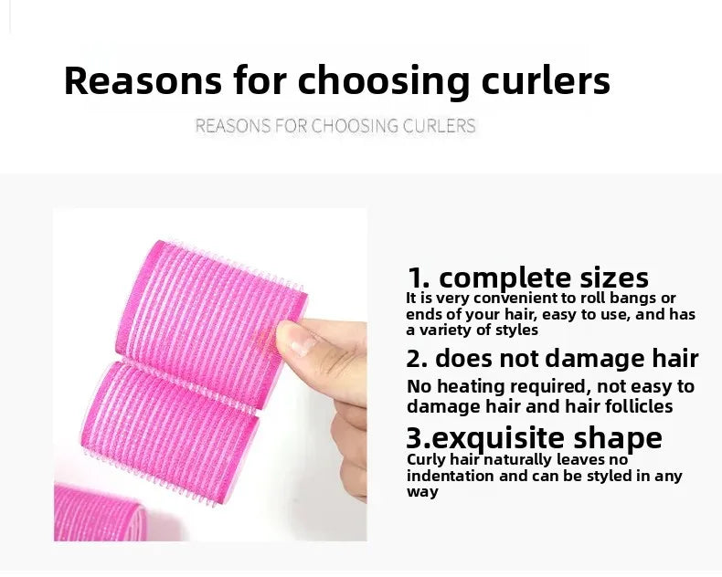 A pink heatless hair curler is shown, highlighting its complete sizes and damage-free styling capabilities.