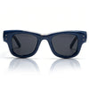 A pair of navy blue square sunglasses with dark lenses shown against a white background.