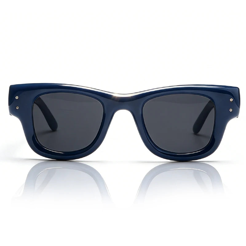 A pair of navy blue square sunglasses with dark lenses shown against a white background.