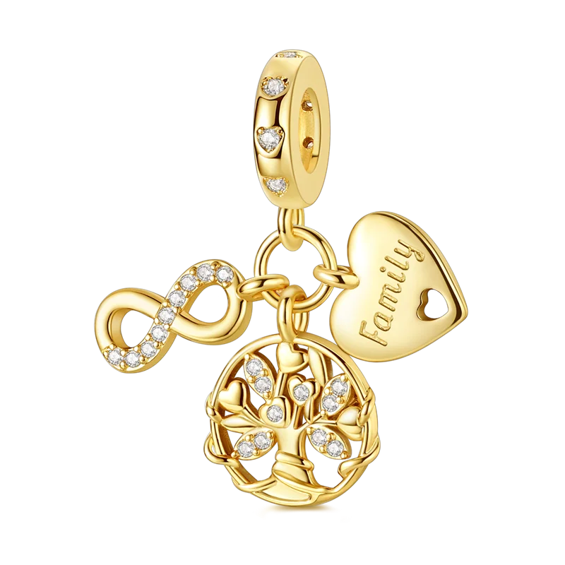 A gold-toned charm bracelet featuring a heart pendant and an ornate tree design.