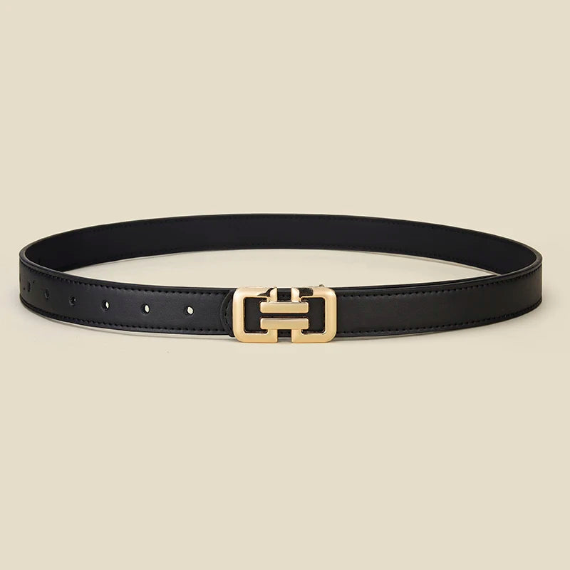 Black leather belt with a gold-toned rectangular buckle
