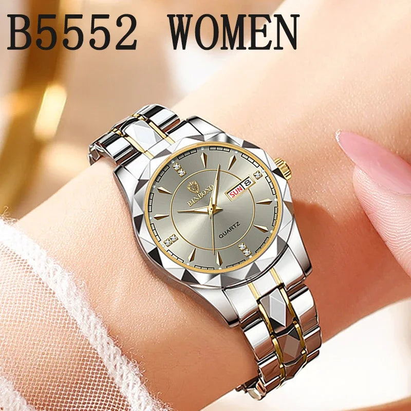 A close-up of a women's B5552 stainless steel quartz watch on a wrist, featuring a gold-toned dial and silver accents.