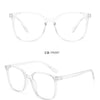 Clear plastic eyeglasses shown from the front and side angles.